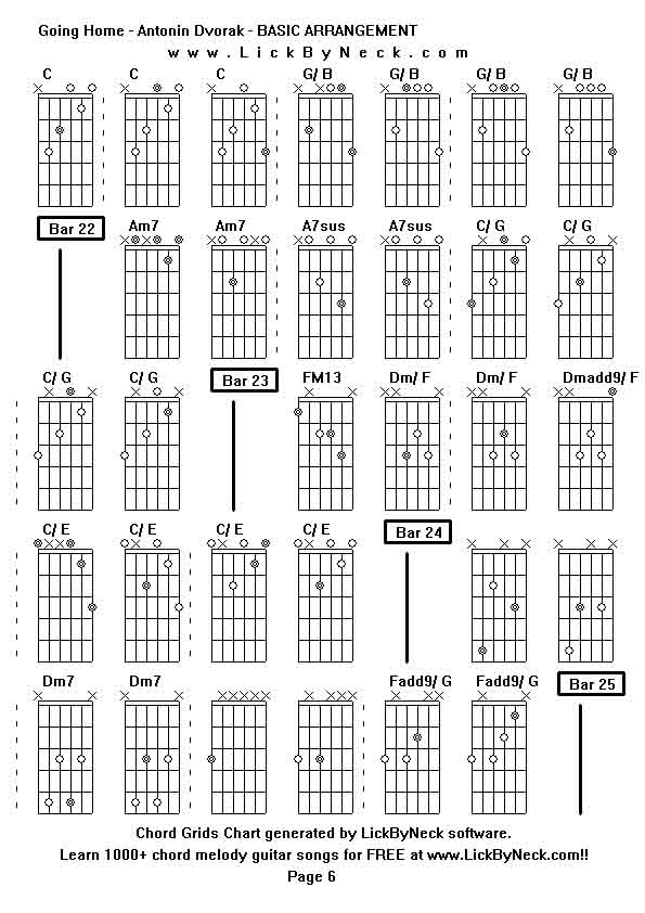 Chord Grids Chart of chord melody fingerstyle guitar song-Going Home - Antonin Dvorak - BASIC ARRANGEMENT,generated by LickByNeck software.